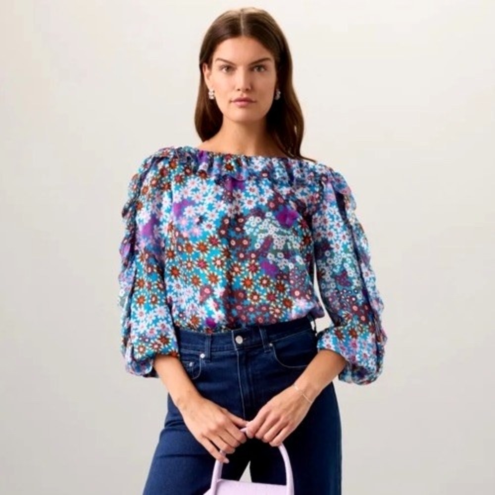 Kate Spade Pacific Petals Chiffon Blouse Women Small Ruffle Sleeve 100% Silk NEW